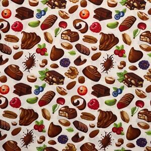 Tossed Chocolate Candy Fruit Nuts Cotton Fabric - 1/2 Yd - Valentine Food Sweets